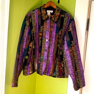 Coldwater Creek Patchwork Jacket XL Purple Black Silk